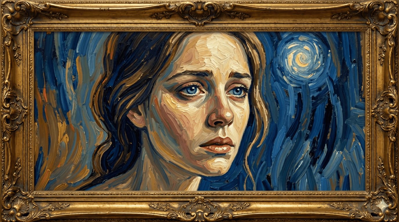 Retrato pictórico de uma mulher em estilo pós-impressionista, evocando introspecção